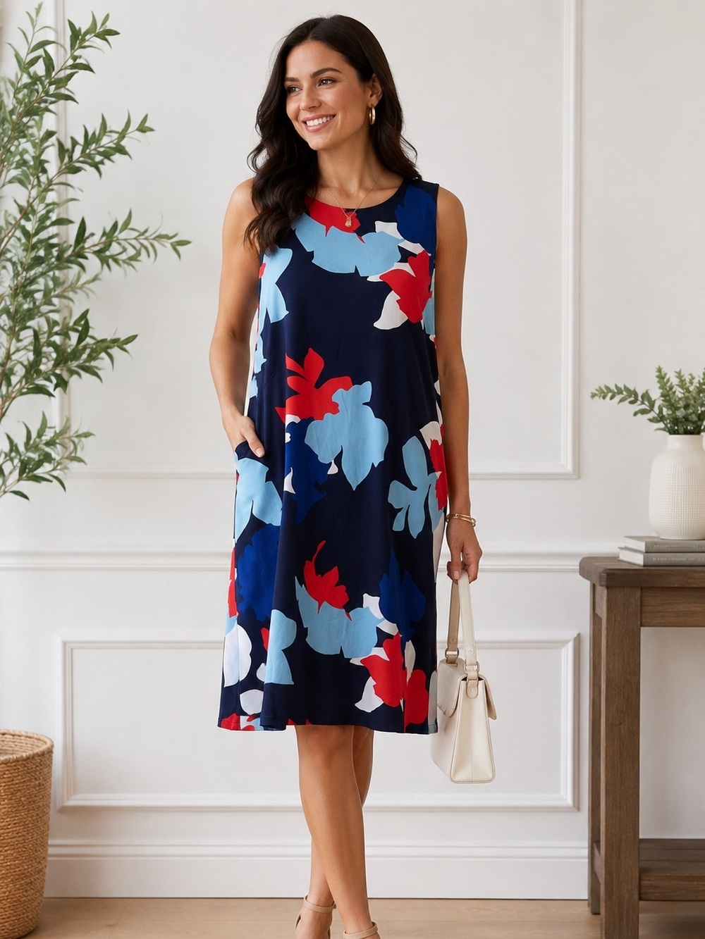 Reitmans Floral Shift Dress – Navy Red Blue Sleeveless Career Casual